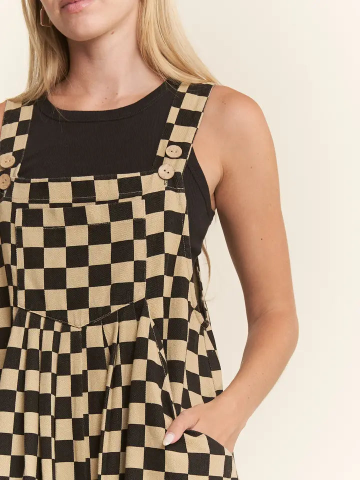 black denim overall dress Black & Tan Checkerboard Denim Wide Leg Jumpsuit Large