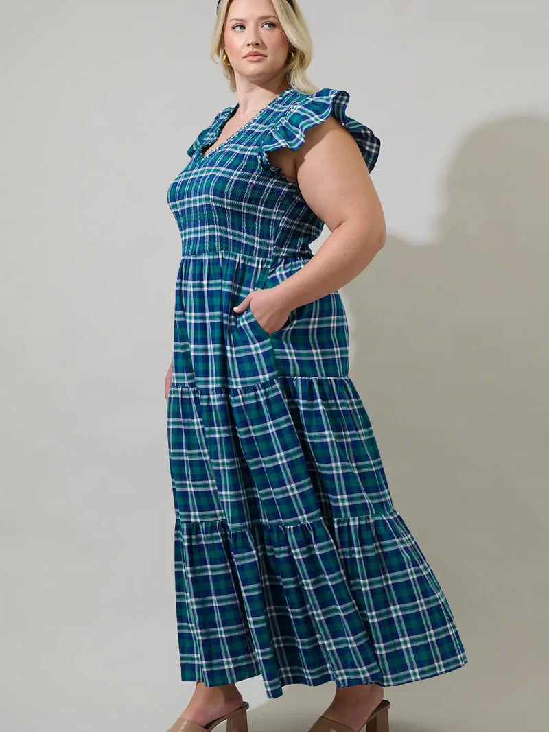Blue Plaid Ruffle Sleeve Smocked Midi Dress – Modern Millie