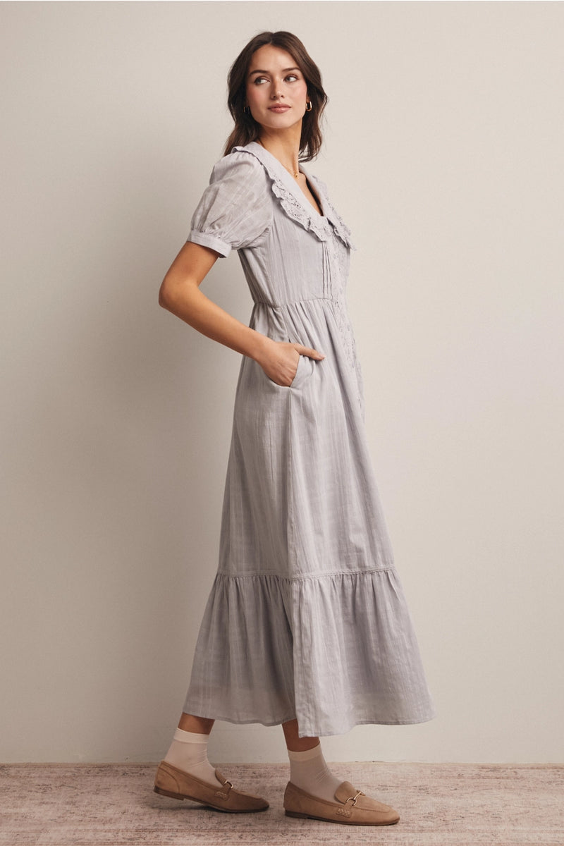 Misty Blue Ruffled Collar Midi Dress X-Large Misty Blue Ruffled Collar Midi Dress X-Large