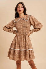 Smocked Doll Collar Mini Dress in Sepia