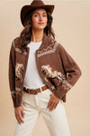 Western Horse Zip Front Cardigan in Mocha