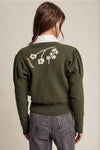 Puff Sleeve Embroidered Floral Cardigan in Dark Olive