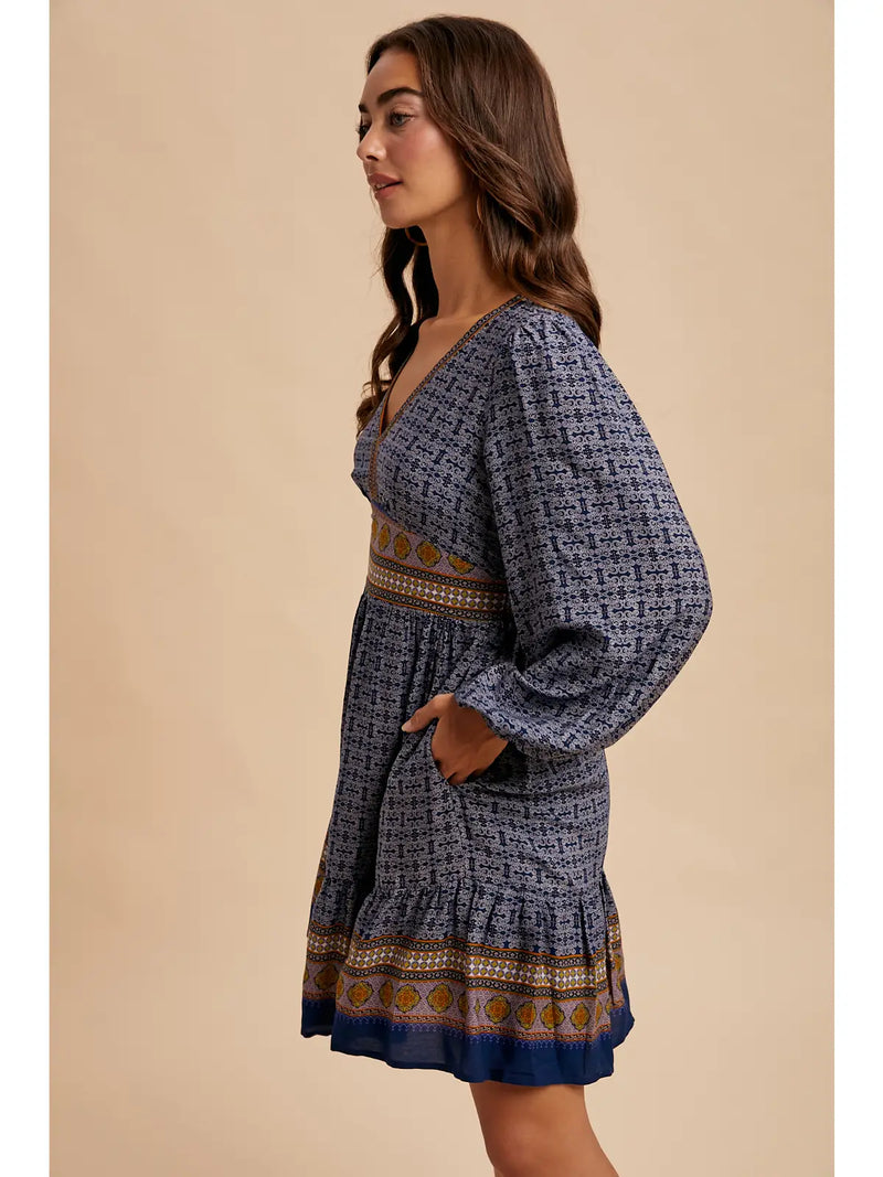 Border Print Mini Dress in Navy