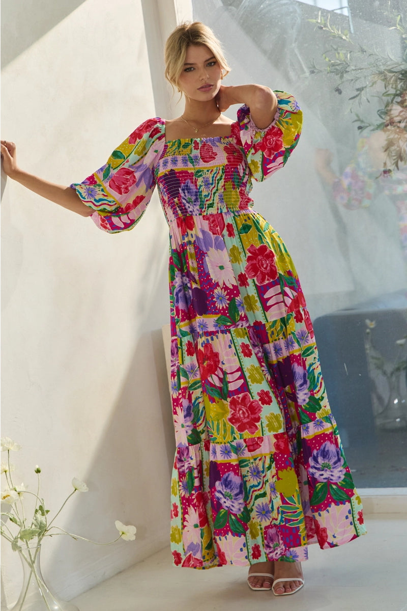 Colorful Floral Bubble Sleeve Smocked Midi Dress