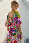 Colorful Floral Bubble Sleeve Smocked Midi Dress