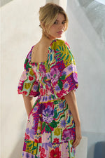 Colorful Floral Bubble Sleeve Smocked Midi Dress