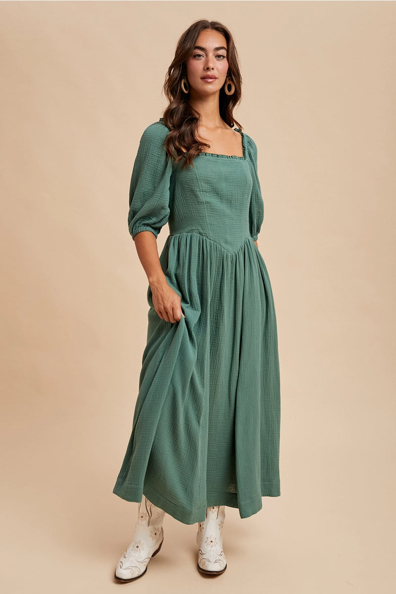 Cotton Square Neck Maxi Dress in Evergreen