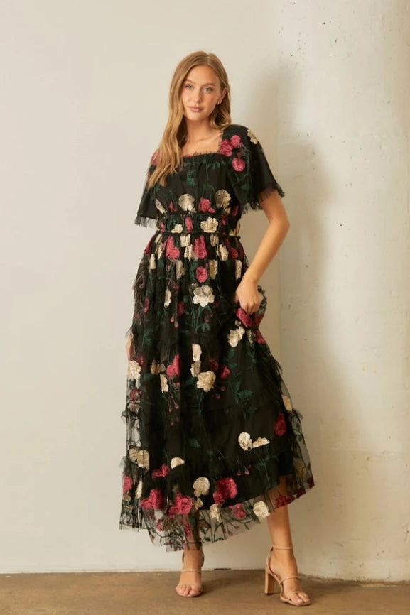 Floral Tulle Midi Dress in Black