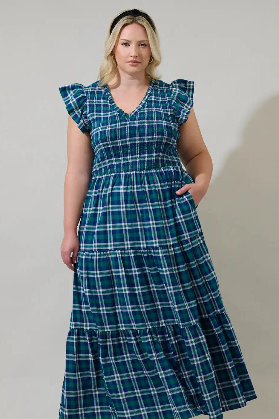plaid midi dress Blue Plaid Ruffle Sleeve Smocked Midi Dress – Modern Millie
