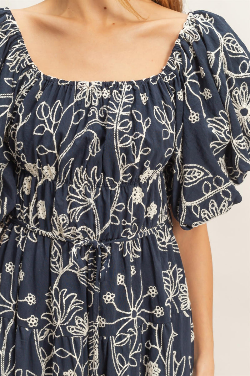 navy embroidered midi dress Navy Embroidered Puff Sleeve Midi Dress Small