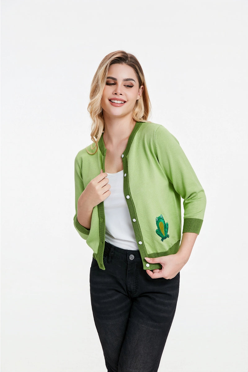 Frogs in Bloom Embroidered Leslie Cardigan by Miss Lulo – Modern