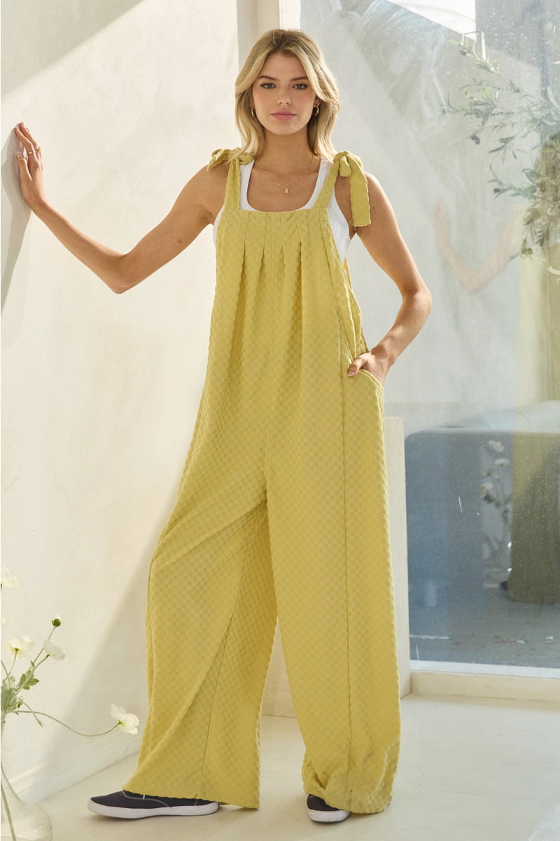 Checkered Jacquard Wide Leg Jumpsuit in Yellow