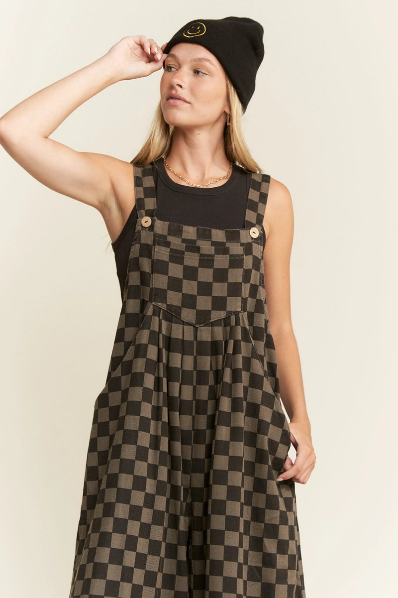 Black & Charcoal Checkerboard Denim Wide Leg Jumpsuit