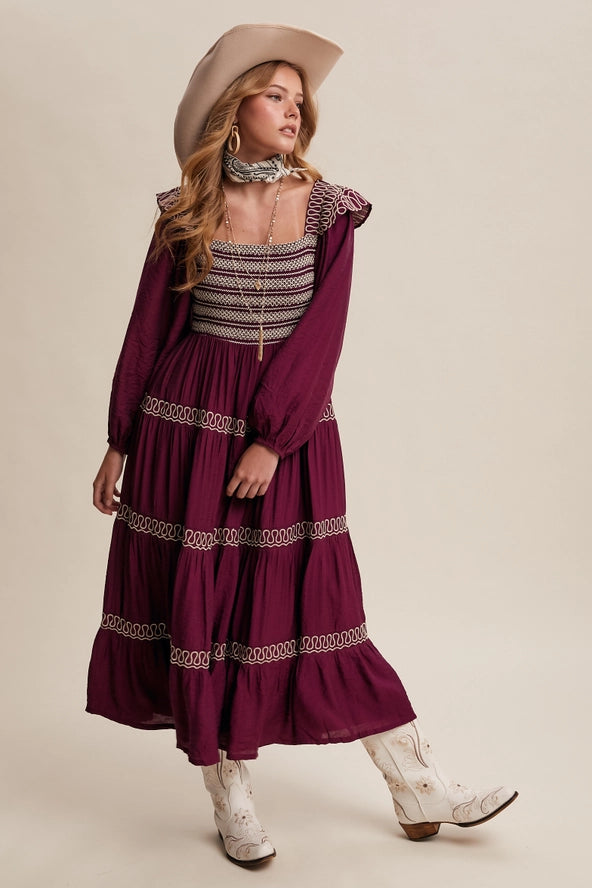 Burgundy Western Inspired Maxi Dress