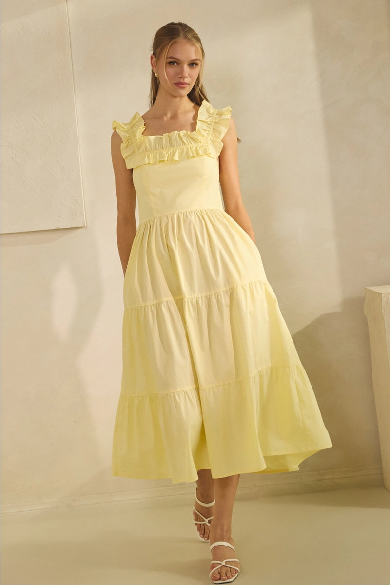 yellow frilly dress Yellow Ruffle Sleeve Midi Dress Medium