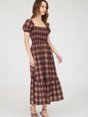 Burgundy Plaid Smocked Puff Sleeve Midi Dress