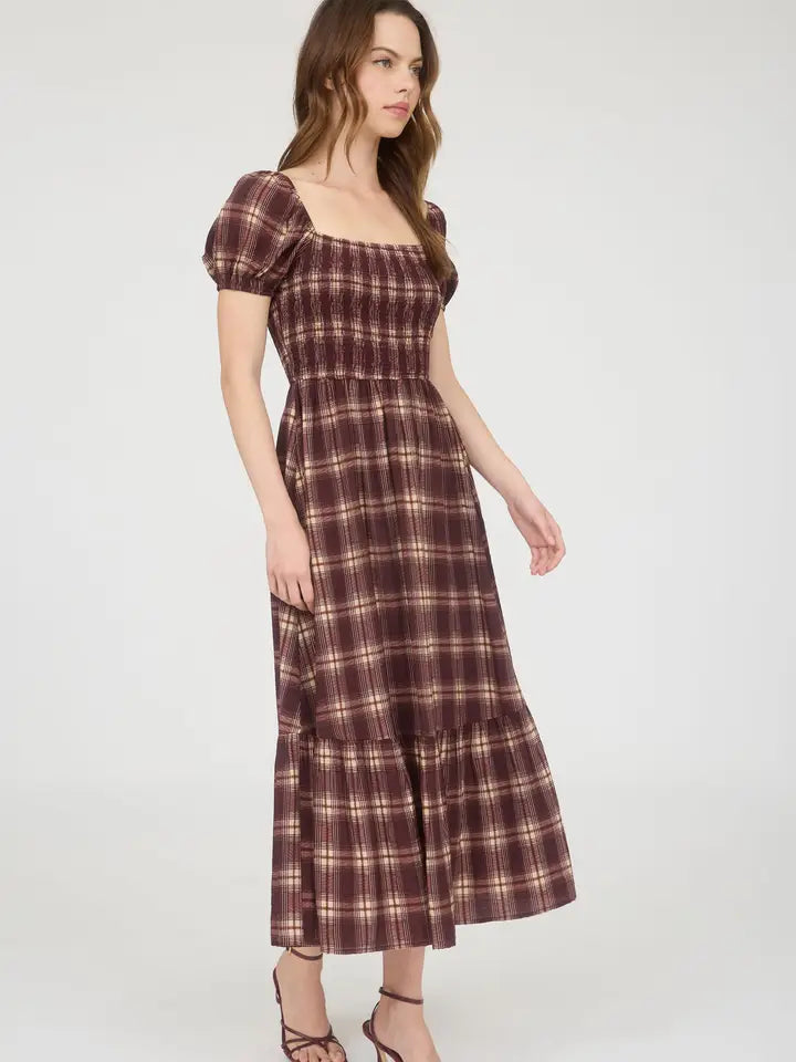 Burgundy Plaid Smocked Puff Sleeve Midi Dress