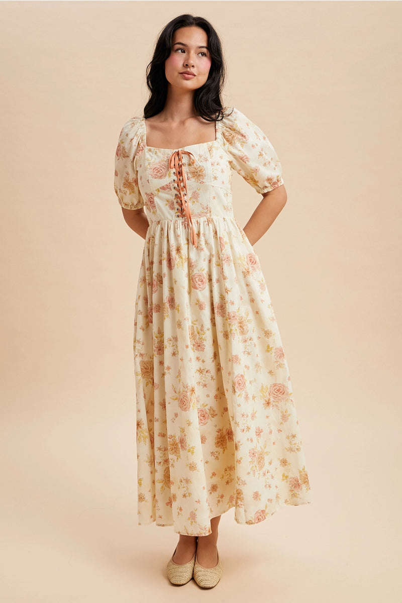 corset lace up midi dress Yellow English Rose Lace-Up Balloon Sleeve Medium TTSHOP1 Color:Coastline Dry Clean Only Women’s Red Devil Dress