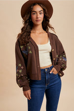 Brown Embroidered Cardigan Sweatshirt