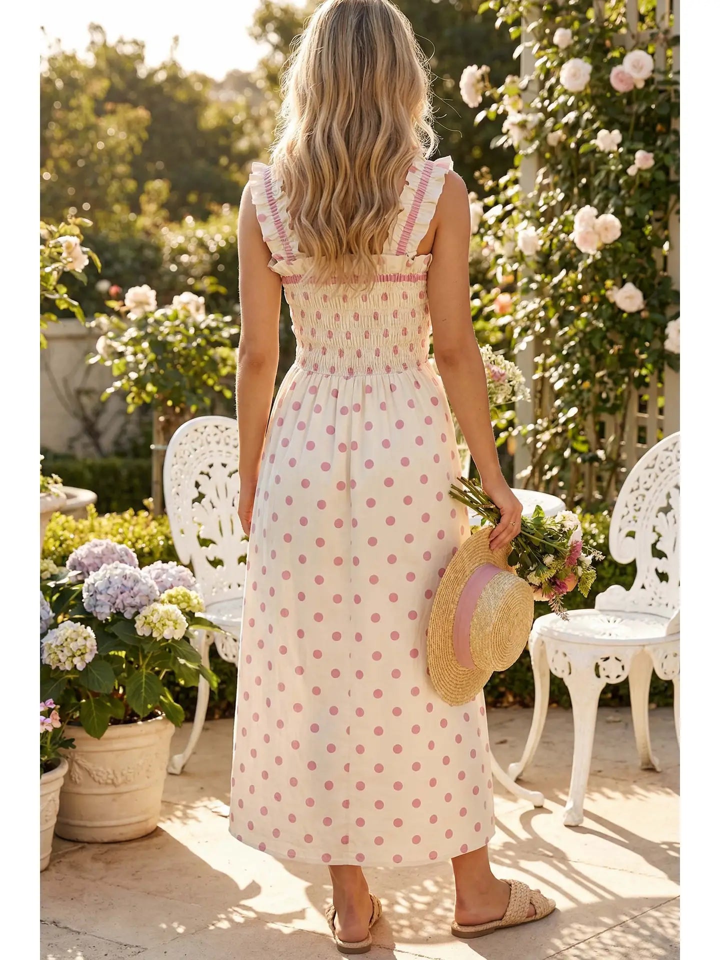 Pink Polka-Dot Smocked Sleeveless Midi Dress – Modern Millie
