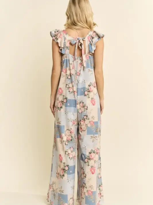 loose jumpsuit dress Blue Garden Ruffle Shoulder Loose Jumpsuit Small