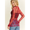 Burgundy Mesh Long Sleeve Mock Neck Sheer Top