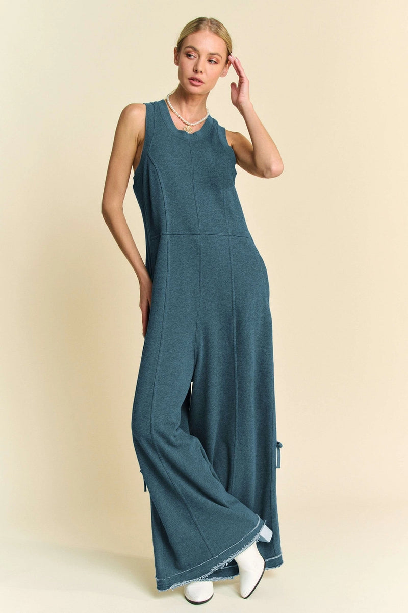 French Terry Wide Leg Jumpsuit in Teal