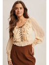 Lace Up Smocked Top in Ecru