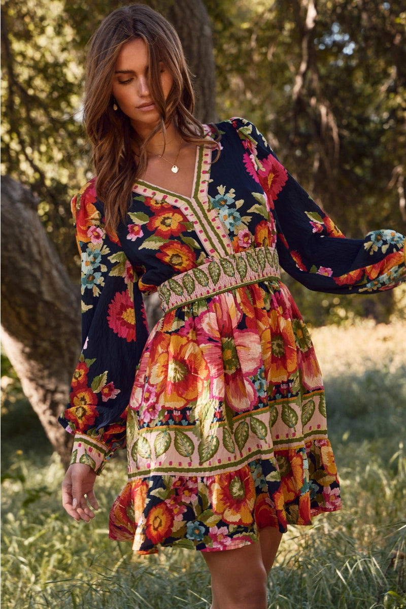 Navy Floral Long Sleeve Mini Dress