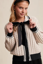 Vintage Cable Knit Cardigan with a Velvet Bow