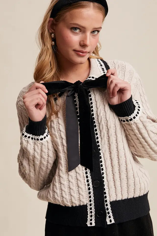 Vintage Cable Knit Cardigan with a Velvet Bow