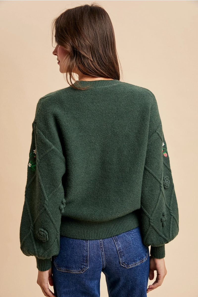 Green Embroidered and Rosette Pullover Sweater