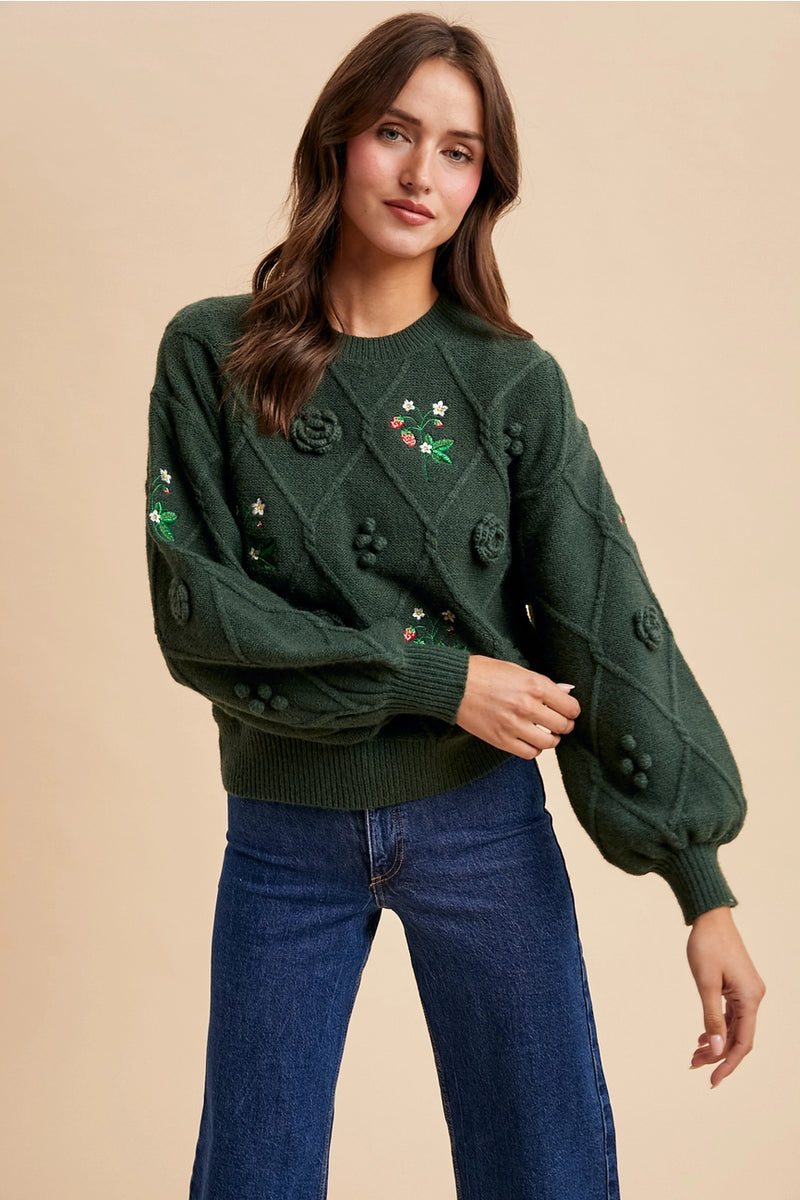 Green Embroidered and Rosette Pullover Sweater