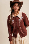 Collared and Embroidered Cardigan in Brown