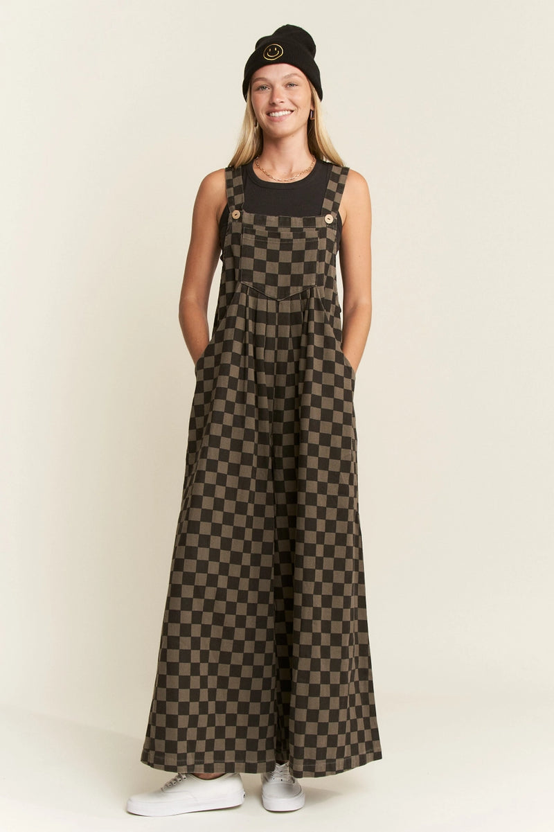 Black & Charcoal Checkerboard Denim Wide Leg Jumpsuit