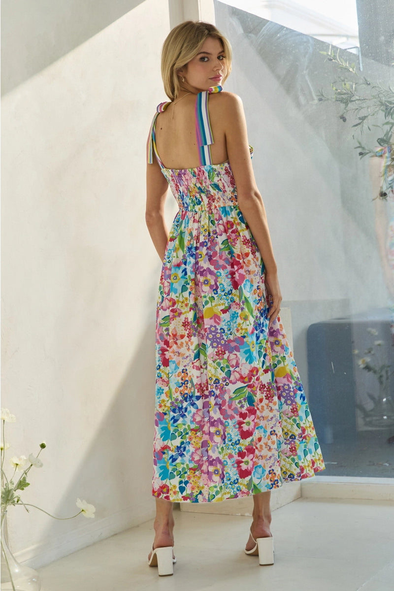 Rainbow Floral Tie-Shoulder Midi Dress Modern Millie Rainbow Floral Tie-Shoulder Midi Dress Modern Millie