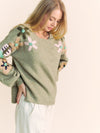 Floral Embroidered Pullover Sweater in Olive