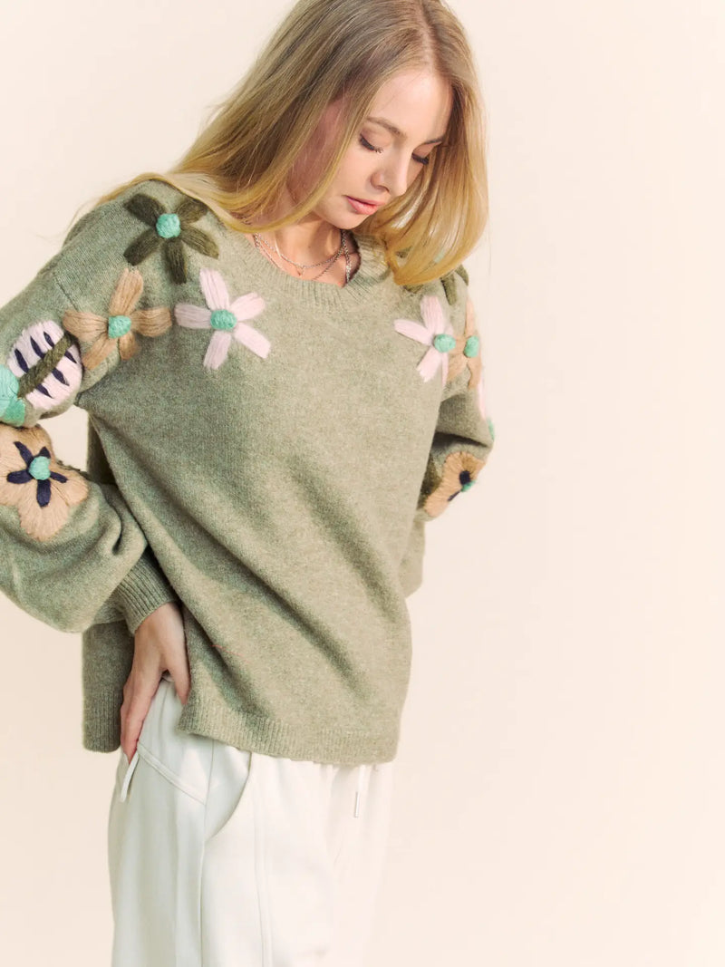 Floral Embroidered Pullover Sweater in Olive