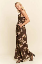 Daisy Smocked Wide Leg Jumpsuit in Mocha Brown