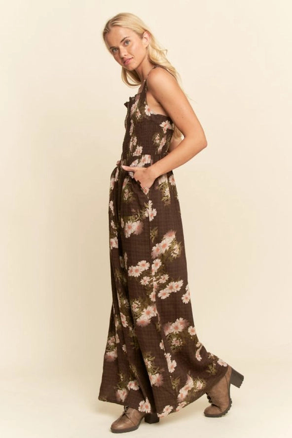 Daisy Smocked Wide Leg Jumpsuit in Mocha Brown