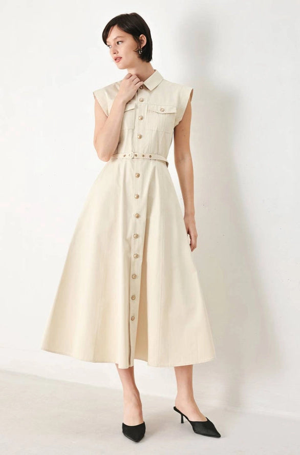 Ecru Shirtwaist Woven Midi Dress – Modern Millie