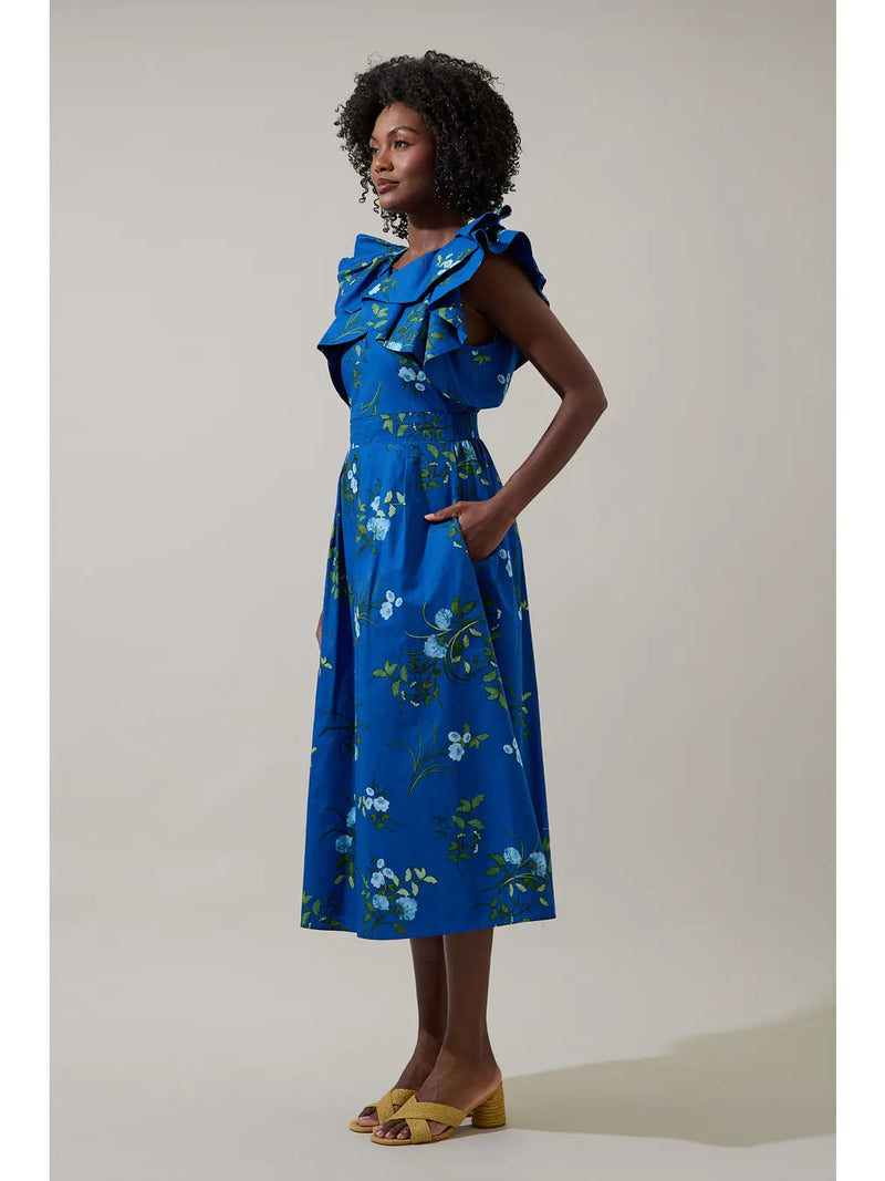 Statement Flutter Sleeve Blue and Green Floral Midi Dress Modern Millie Statement Flutter Sleeve Blue and Green Floral Midi Dress Modern Millie
