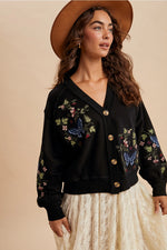 Black Embroidered Cardigan Sweatshirt