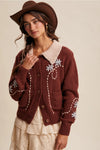Collared and Embroidered Cardigan in Brown
