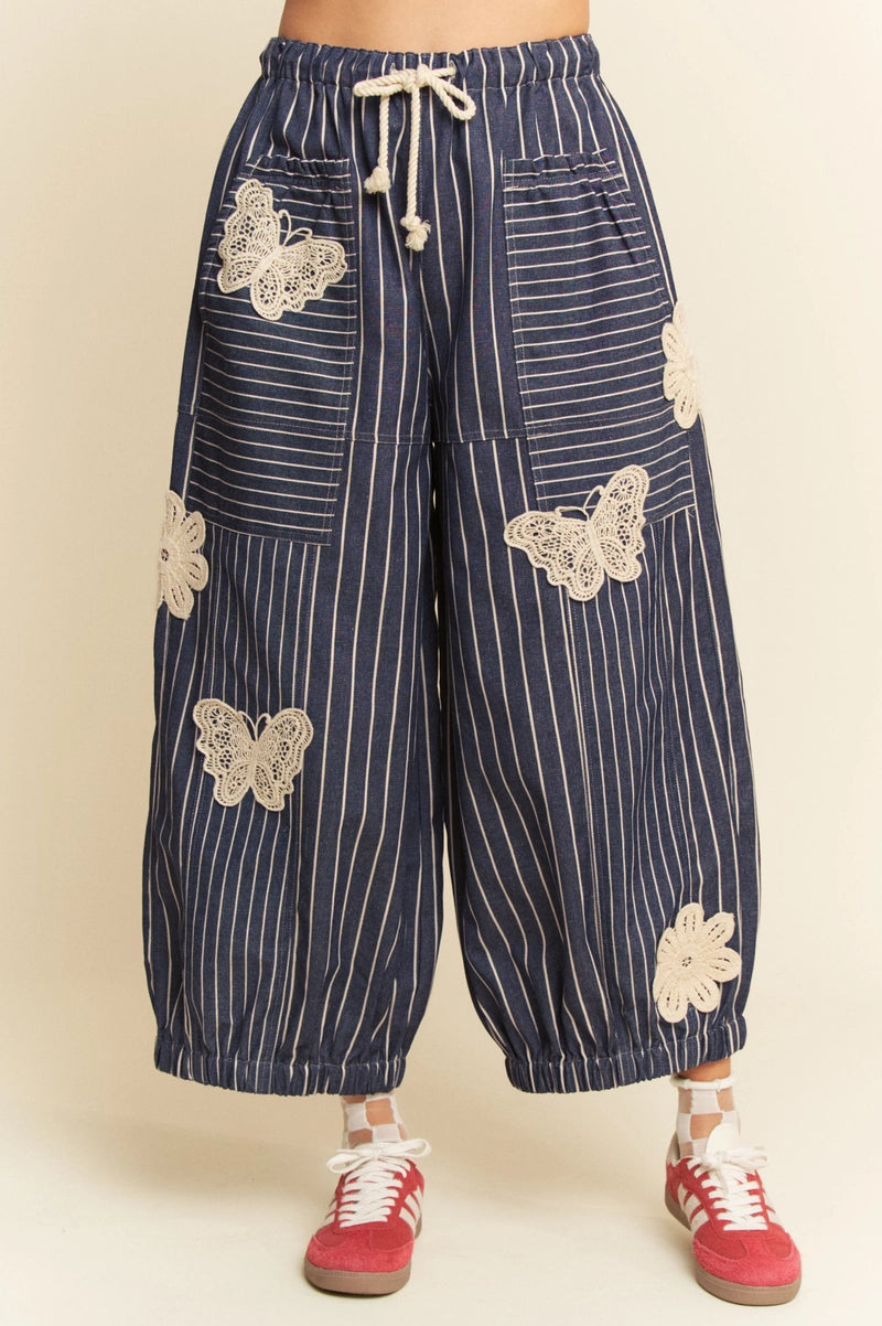 Butterfly Striped Barrel Pants in Navy