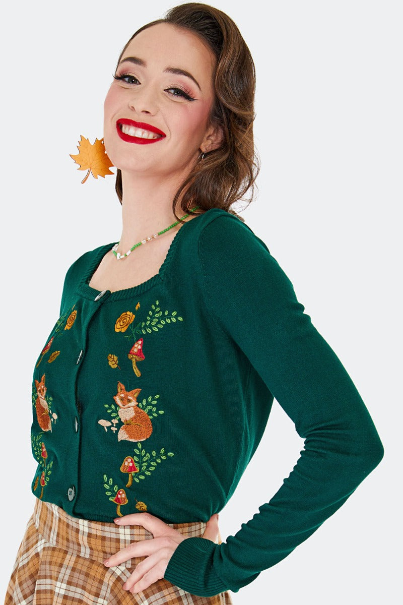 Fox and Mushroom Embroidered Cardigan by Voodoo Vixen