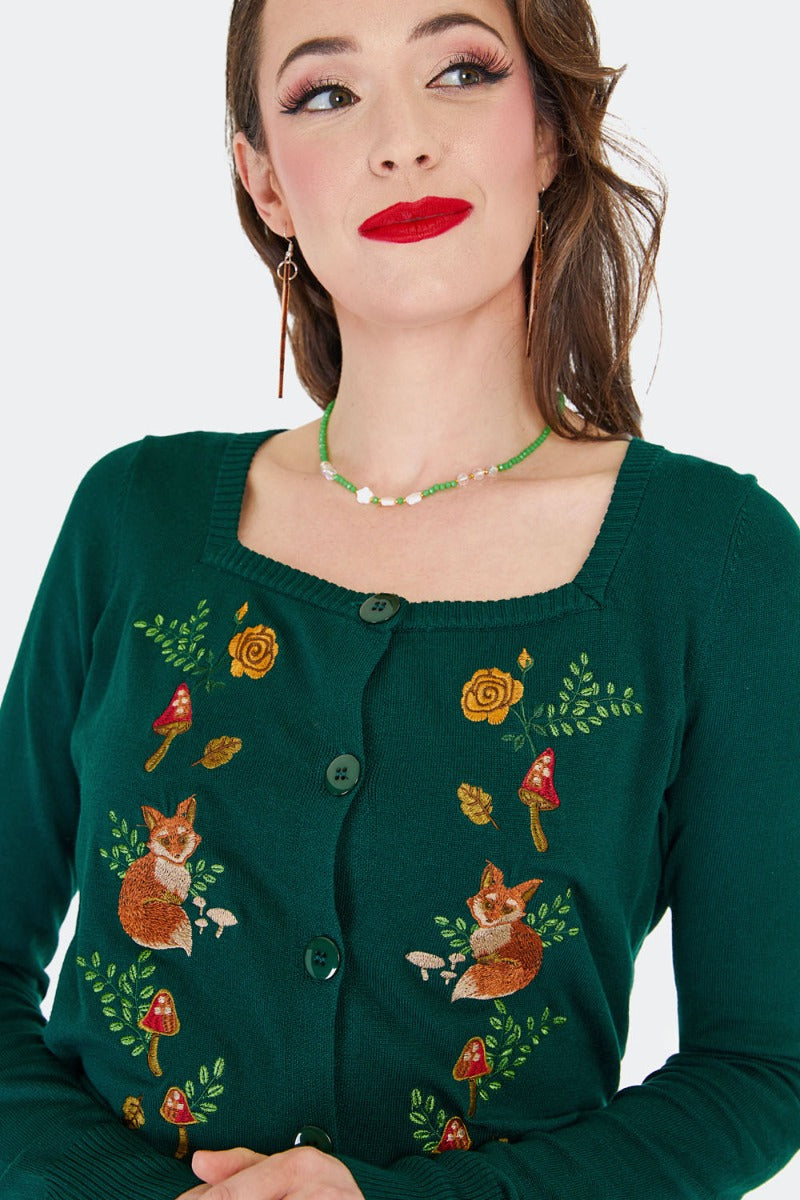 Fox and Mushroom Embroidered Cardigan by Voodoo Vixen