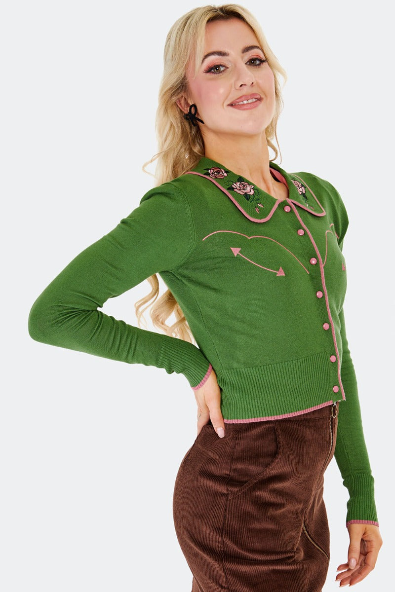 Western Embroidered Cardigan in Green by Voodoo Vixen
