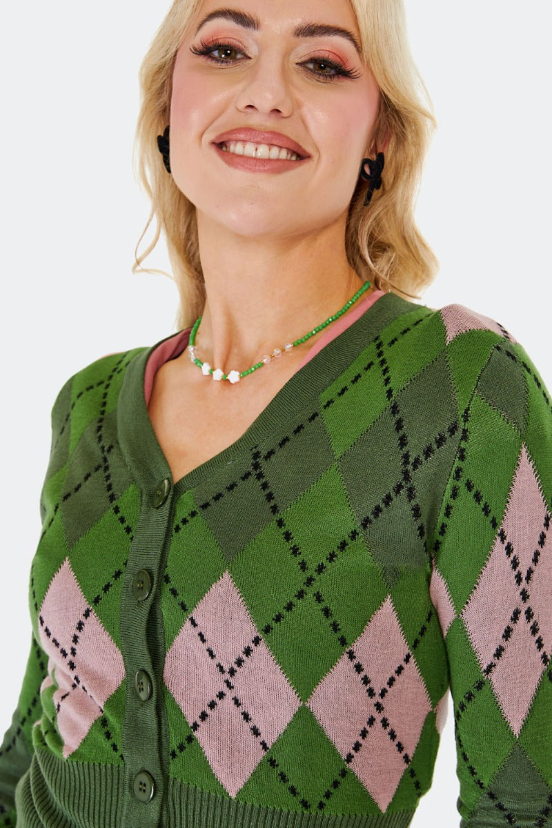 Green and Pink Argyle Cardigan by Voodoo Vixen