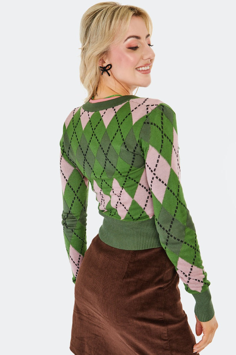 Green and Pink Argyle Cardigan by Voodoo Vixen